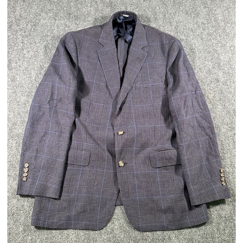 Brooks Brothers 42R Blue Glen Plaid Blazer Half Lined 100% Linen Flax